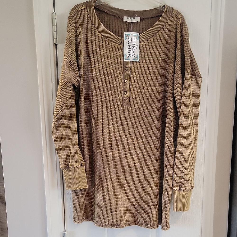 Zenana Outfitters Long Sleeve Henley Top - Brown